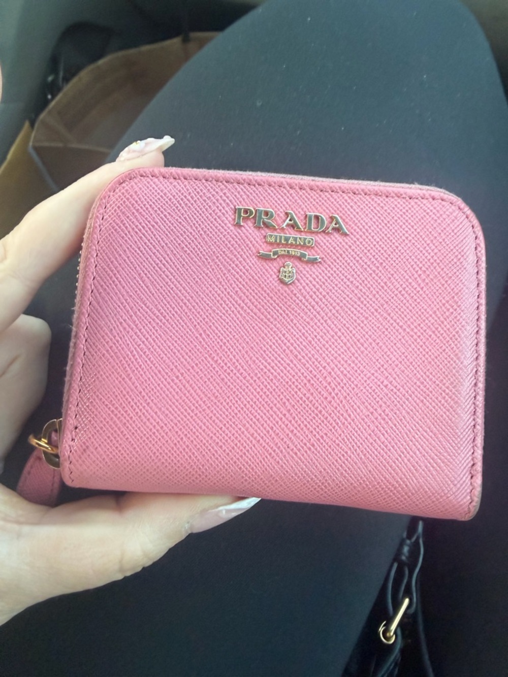Prada Pink Saffiano Leather Zip Wallet with Gold Logo